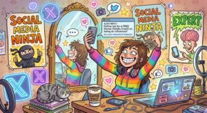 Cartoon image of indulgent and self-centred promotion using Social Media